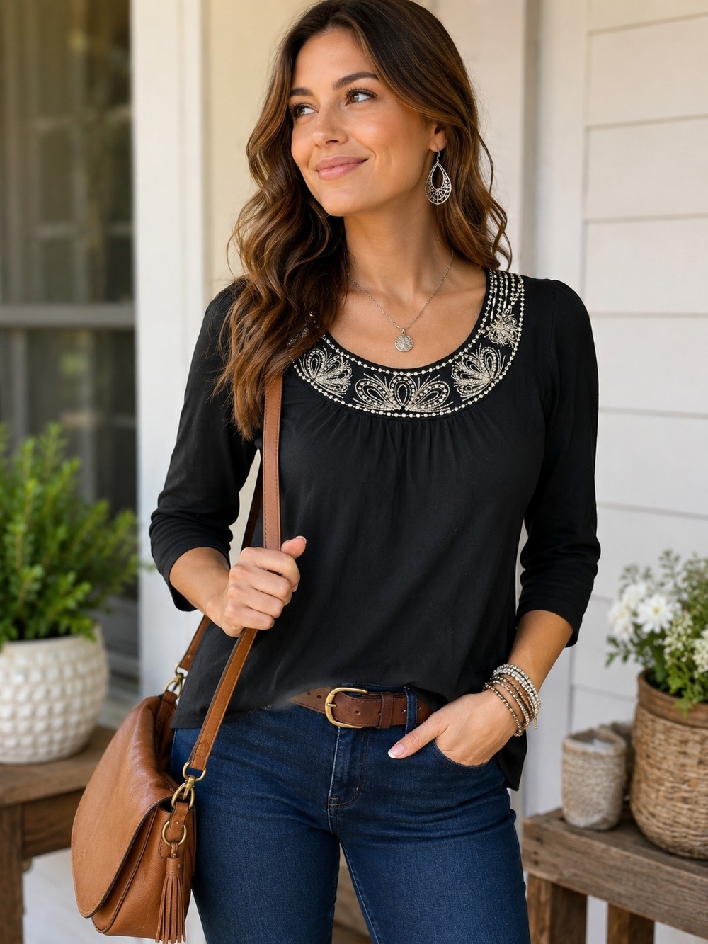 Marks & Spencer Black Embellished 100% Cotton Top | Size M | Elegant Beaded Neck